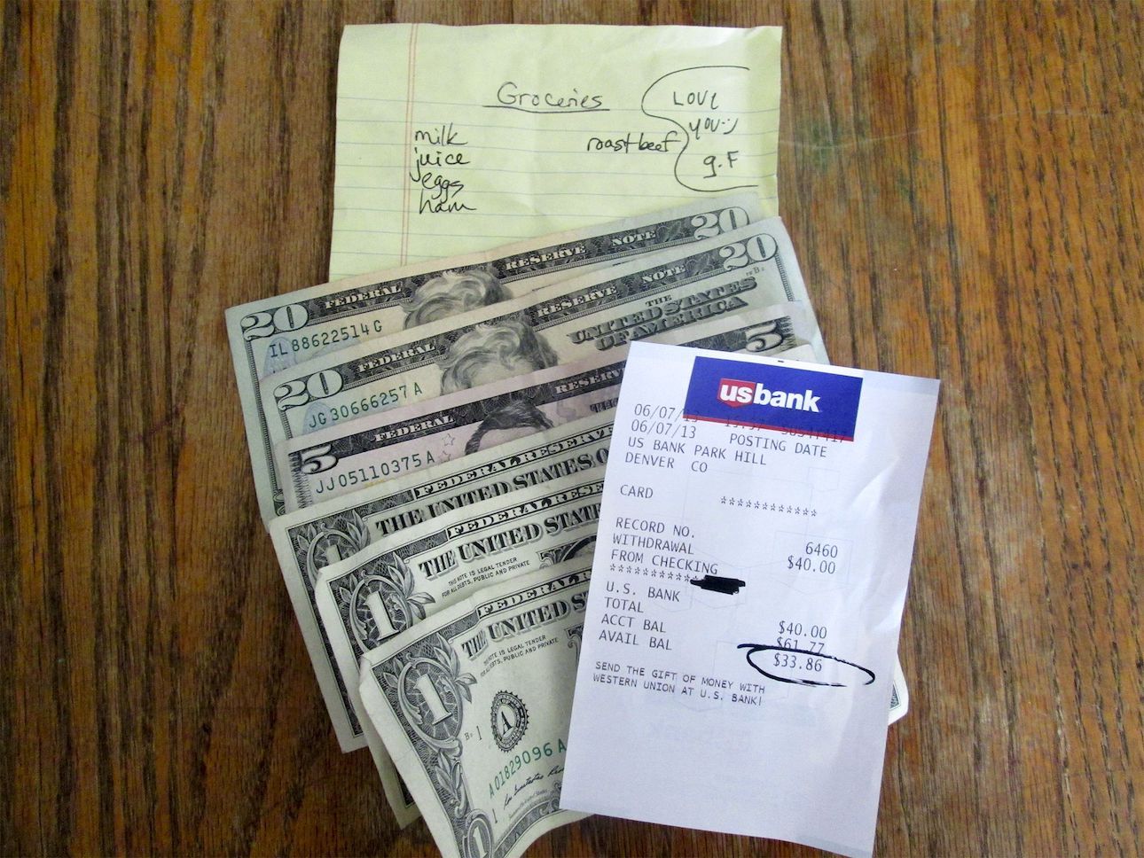 Grocery list of milk, juice, eggs, ham, and roast beef. $48 and a us bank receipt showing the available balance at $33.86
