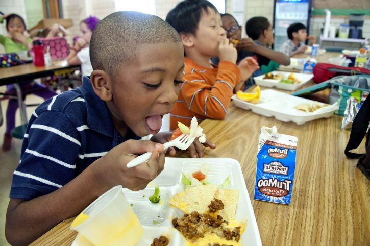 Young boy in blue and white stripped polo eats lunch in a school cafeteria