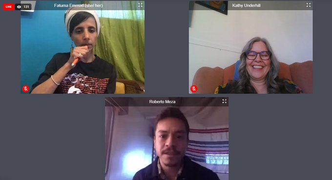 Two women and a man chat over a zoom conference call