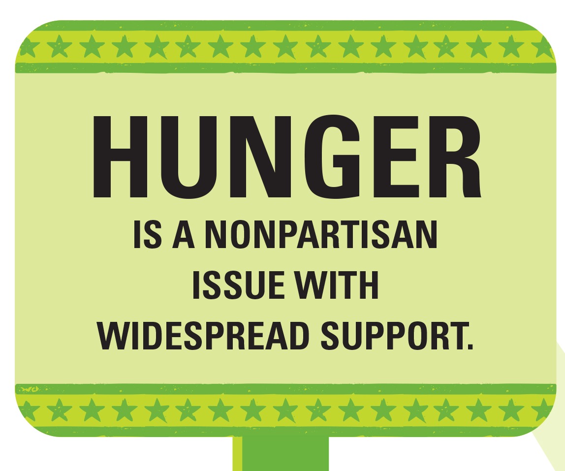 simple graphic of a green sign with small stars along the top and bottom. The sign reads, "hunger is an nonpartisan issue with widespread support"