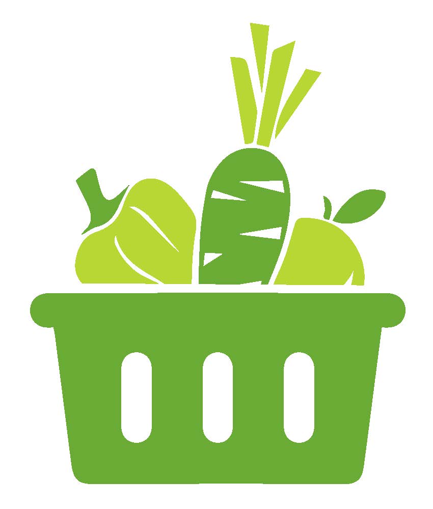 simple graphic of pepper, apple and carrot in a plastic grocery basket