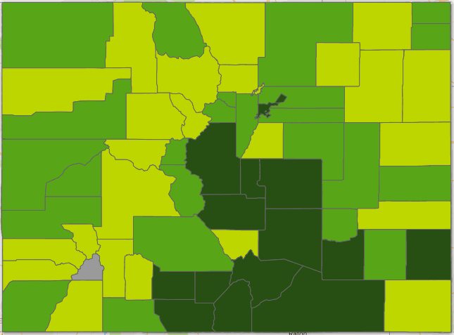 Map of Colorado counties on their county program access index, shaded in green