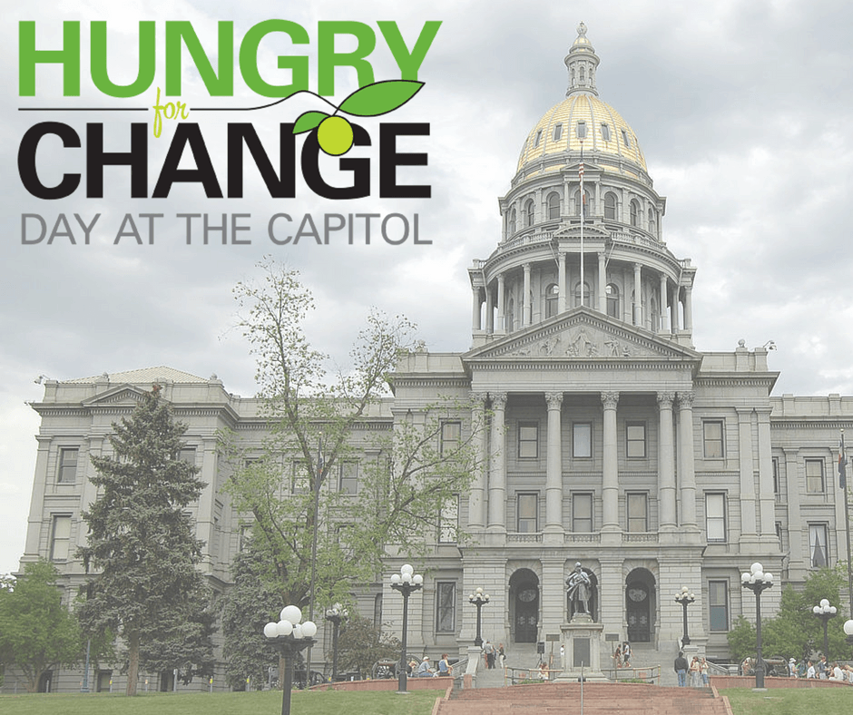 Image of the colorado state capitol with the Hungry for change day at the capitol logo